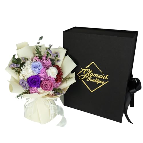 GLAMOUR BOUTIQUE Preserved Flowers Bouquet - Forever Flowers Roses in a Box with Hydrangeas, Gift Ready for Anniversary, Birthday, Valentine's Day, Mother's Day, Eternal Flower for Delivery - Purple