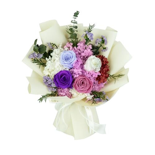 GLAMOUR BOUTIQUE Preserved Flowers Bouquet - Forever Flowers Roses in a Box with Hydrangeas, Gift Ready for Anniversary, Birthday, Valentine's Day, Mother's Day, Eternal Flower for Delivery - Purple