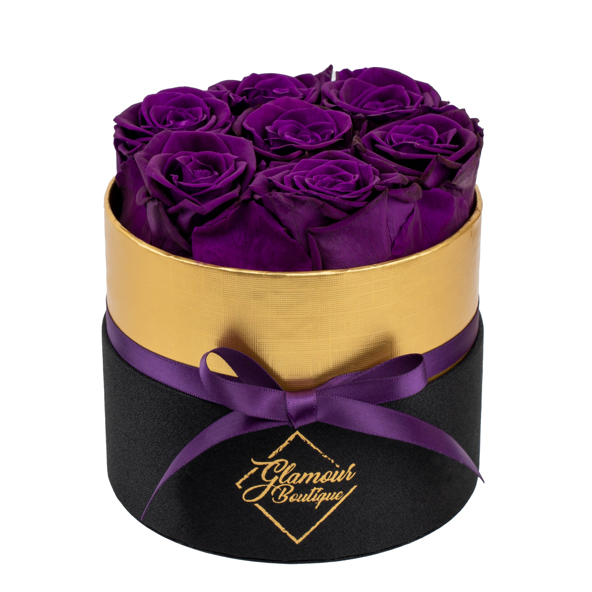 Lasting Beauty Round Black Gold Box | 7 Purple Roses