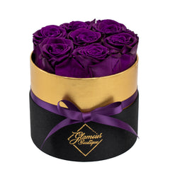 Lasting Beauty Round Black Gold Box | 7 Purple Roses