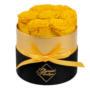 Lasting Beauty Round Black Gold Box | 7 Yellow Roses