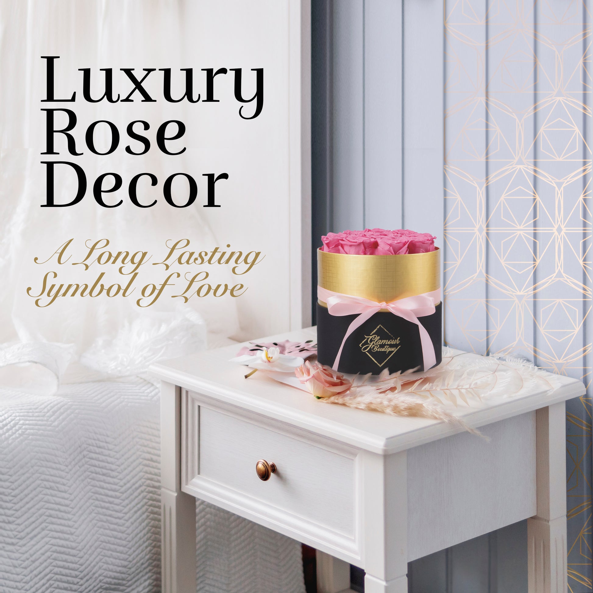 Lasting Beauty Round Black GoldBox | 12 Pink Roses