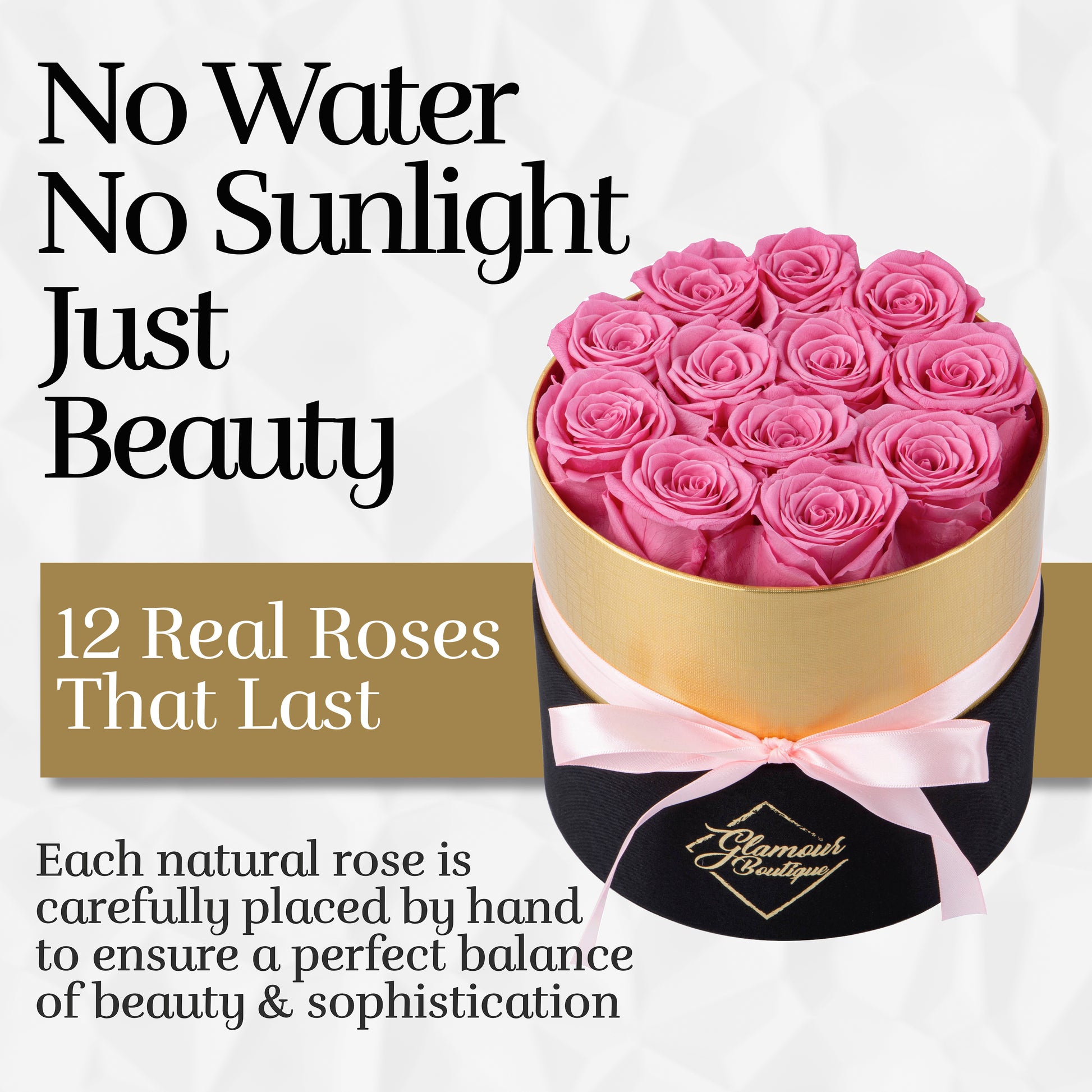 Lasting Beauty Round Black GoldBox | 12 Pink Roses