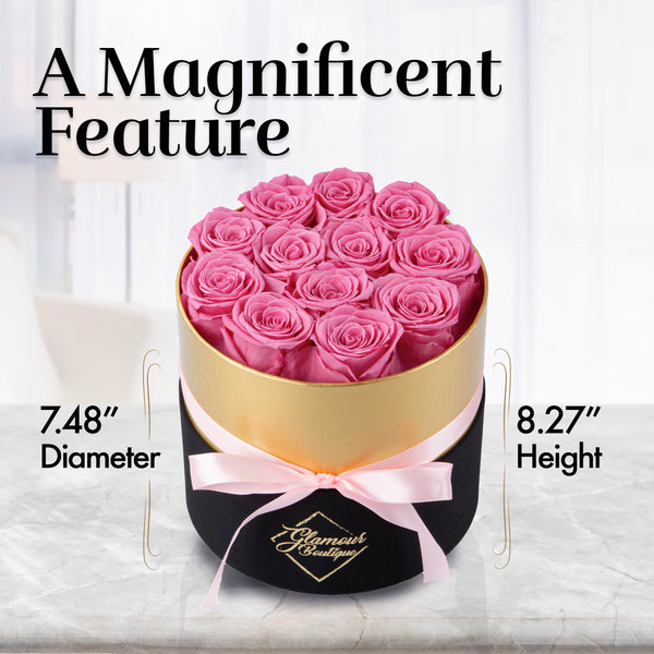 Lasting Beauty Round Black GoldBox | 12 Pink Roses