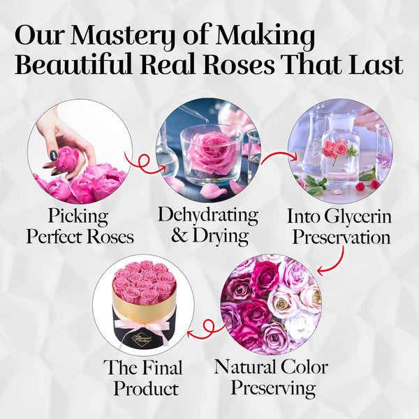 Lasting Beauty Round Black GoldBox | 12 Pink Roses