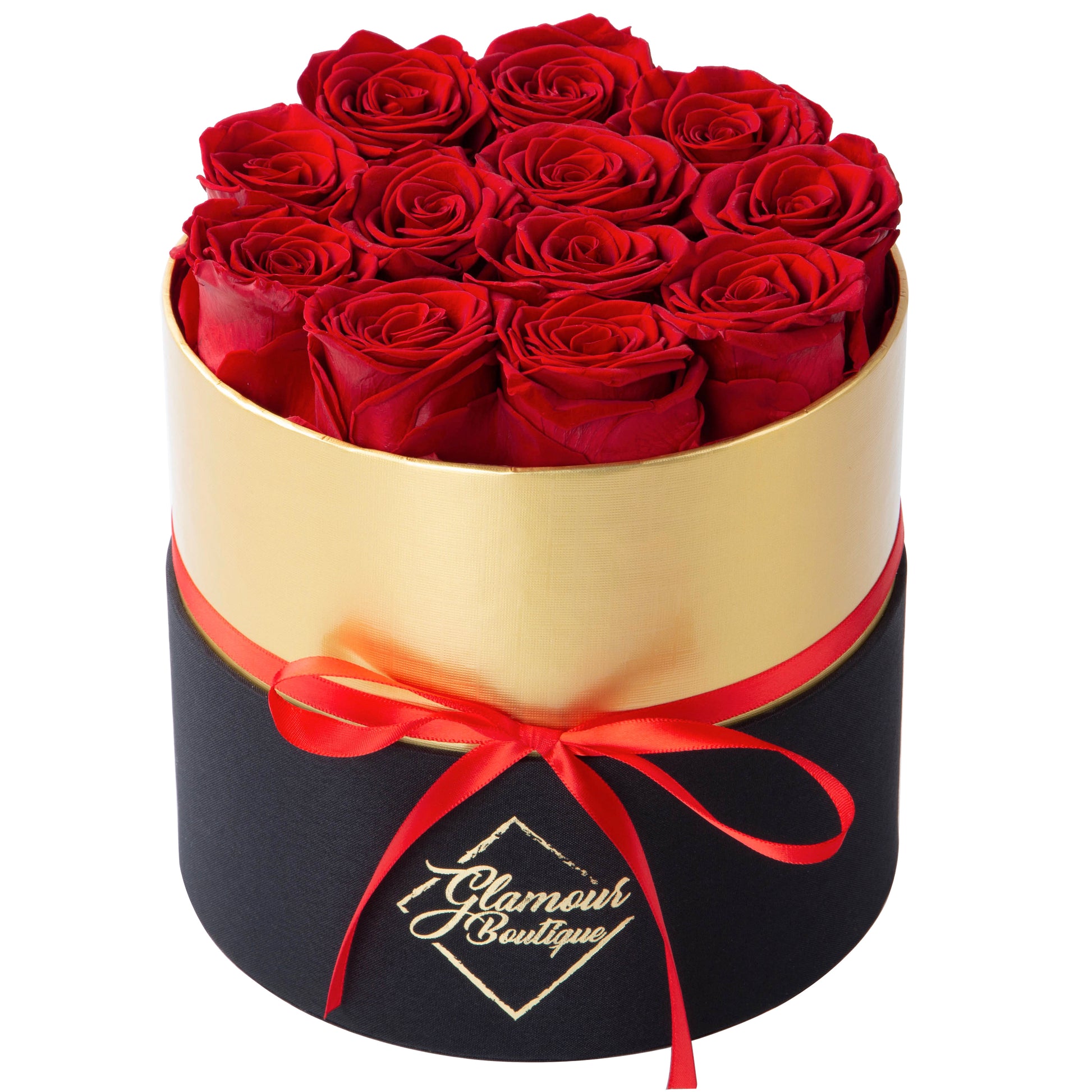 Lasting Beauty Round Black Gold Box | 12 Red Roses