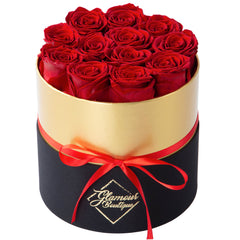 Lasting Beauty Round Black Gold Box | 12 Red Roses