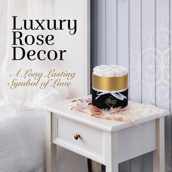 Lasting Beauty Round Black Gold Box | 12 White Roses