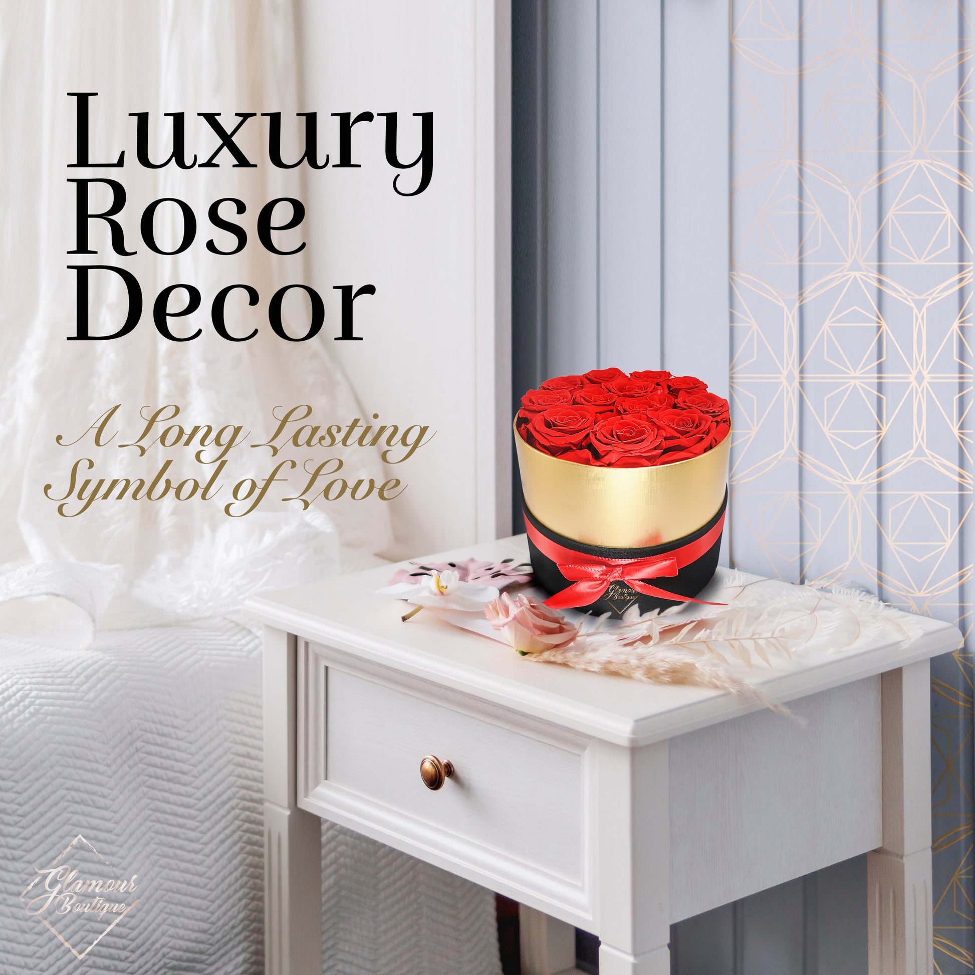 Lasting Beauty Round Black Gold Box | 12 Red Roses