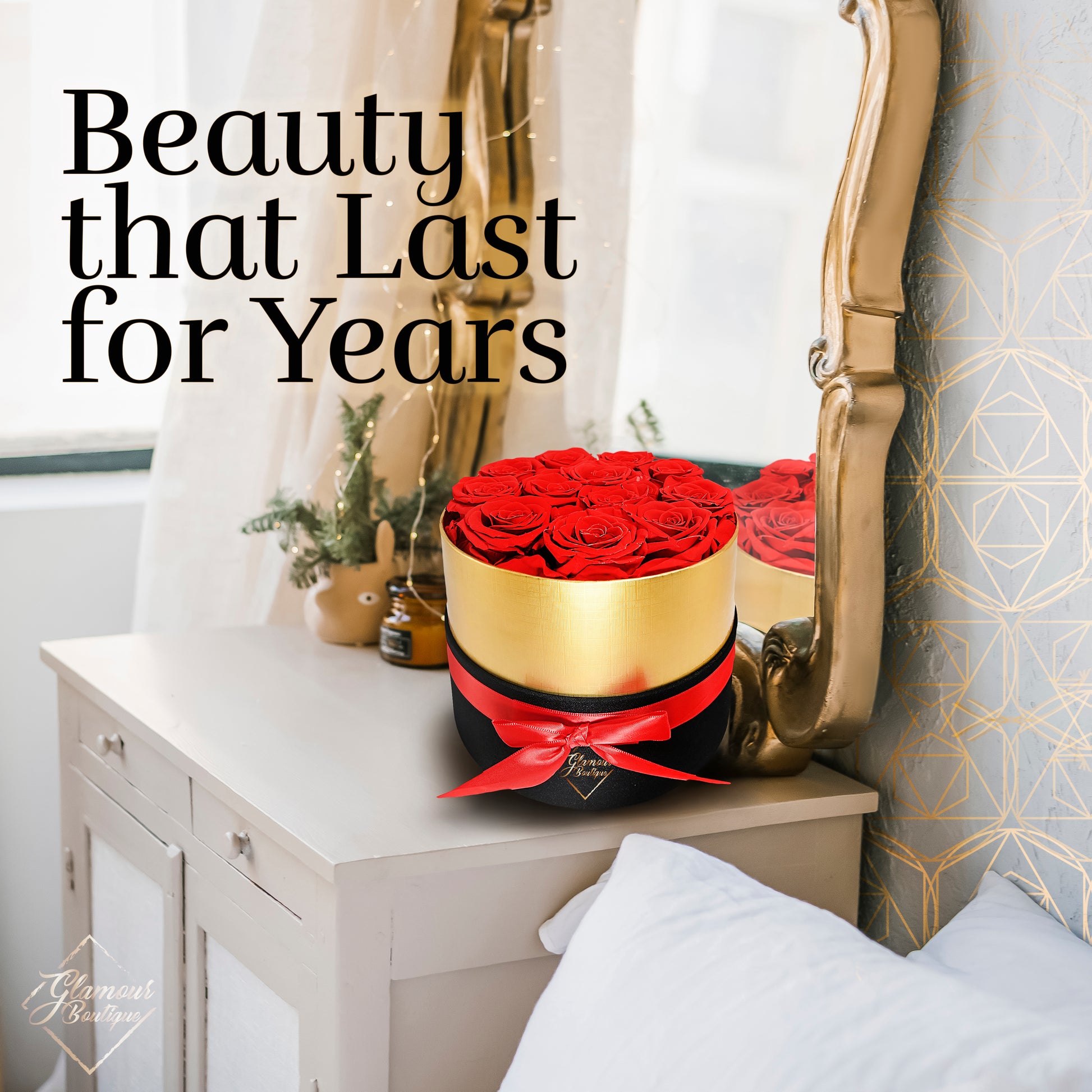 Lasting Beauty Round Black Gold Box | 12 Red Roses