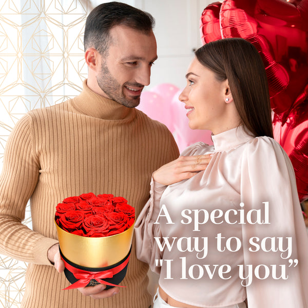 Lasting Beauty Round Black Gold Box | 12 Red Roses