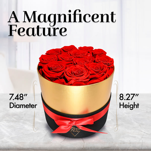 Lasting Beauty Round Black Gold Box | 12 Red Roses