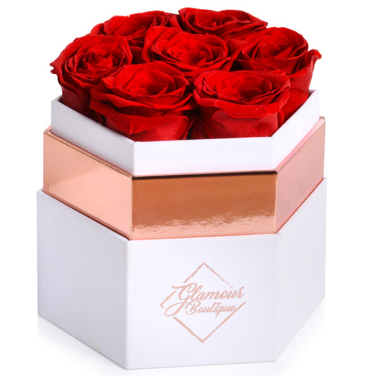 Timeless Charm  Hexagon White Box | 7 Red Roses