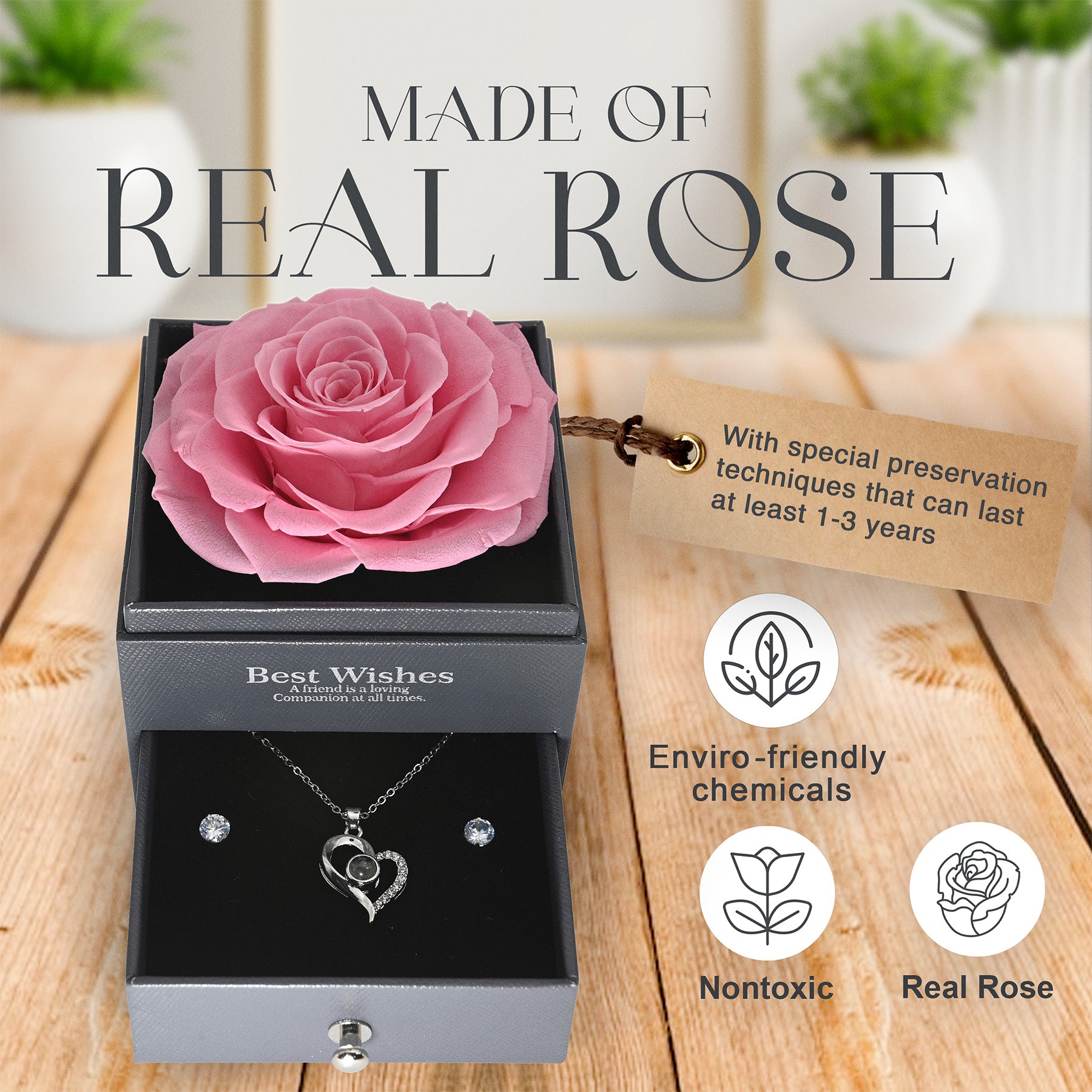 Everlasting Grace Forever Rose With Necklace | Pink