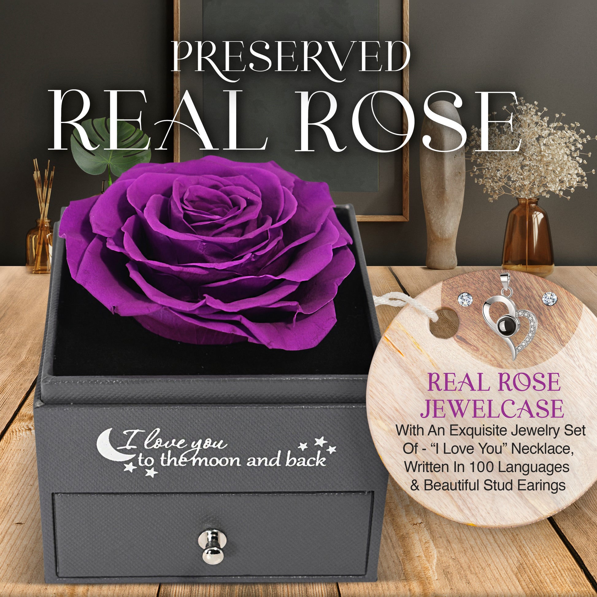 Everlasting Grace Forever Rose With Necklace | Purple