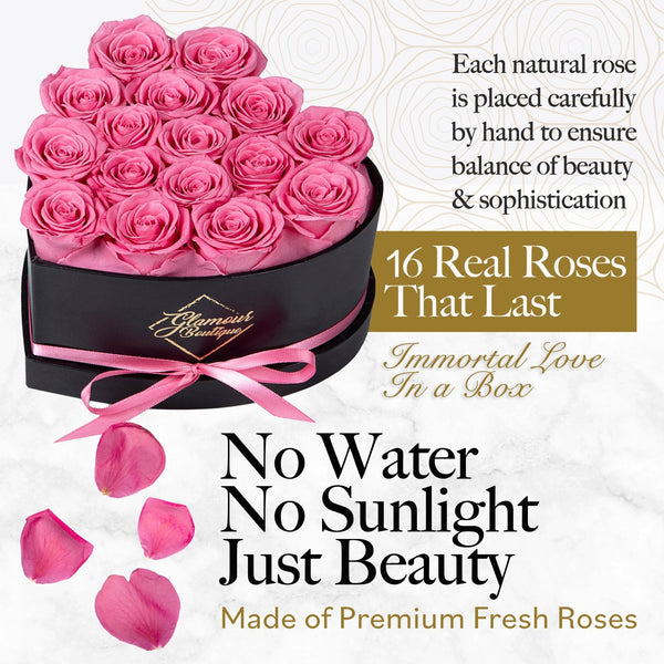 Immortal Love Heart Box |16 Pink Roses - Glamour Boutique