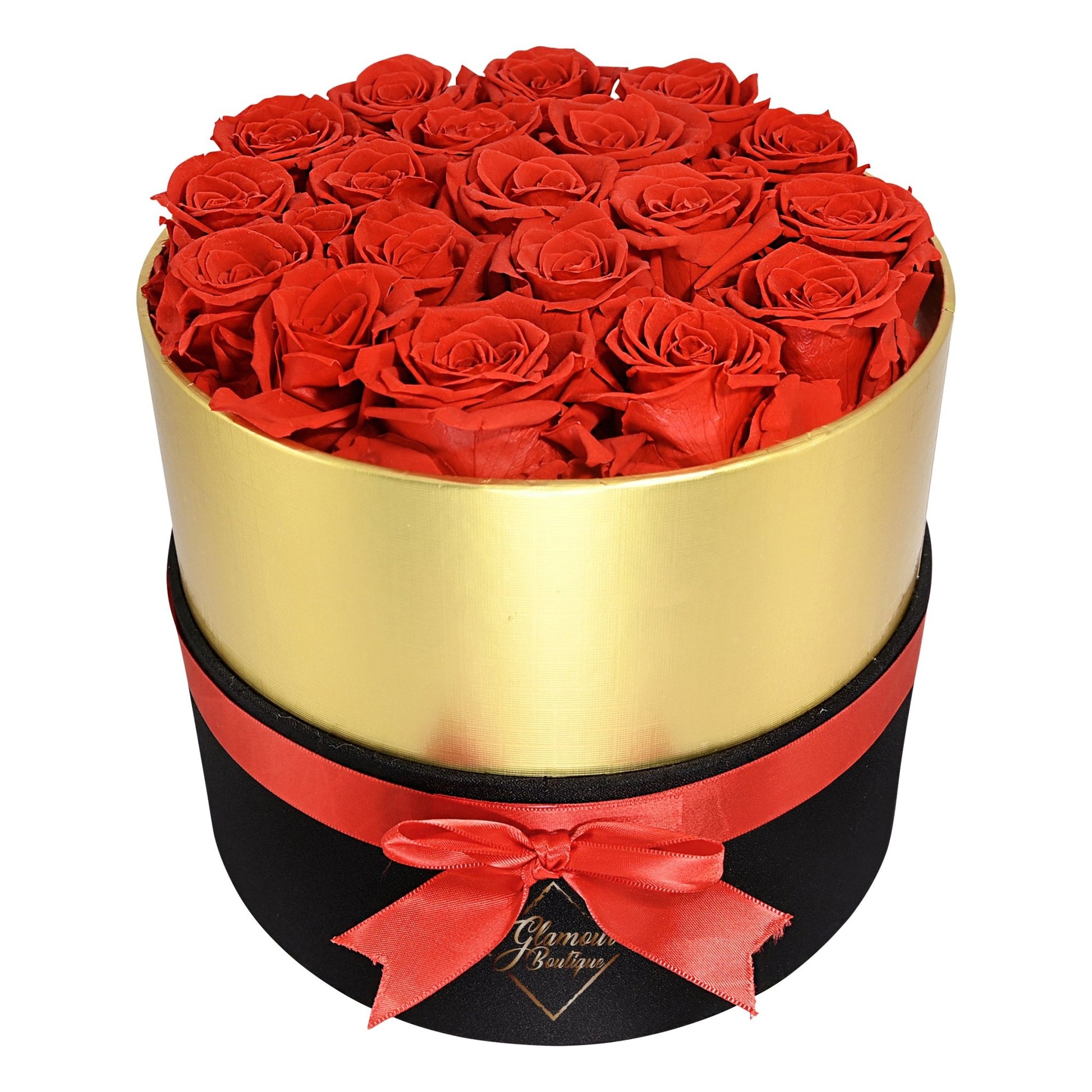 Lasting Beauty Round Black Gold Box |19 Red Roses - Glamour Boutique