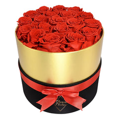 Lasting Beauty Round Black Gold Box | 19 Red Roses