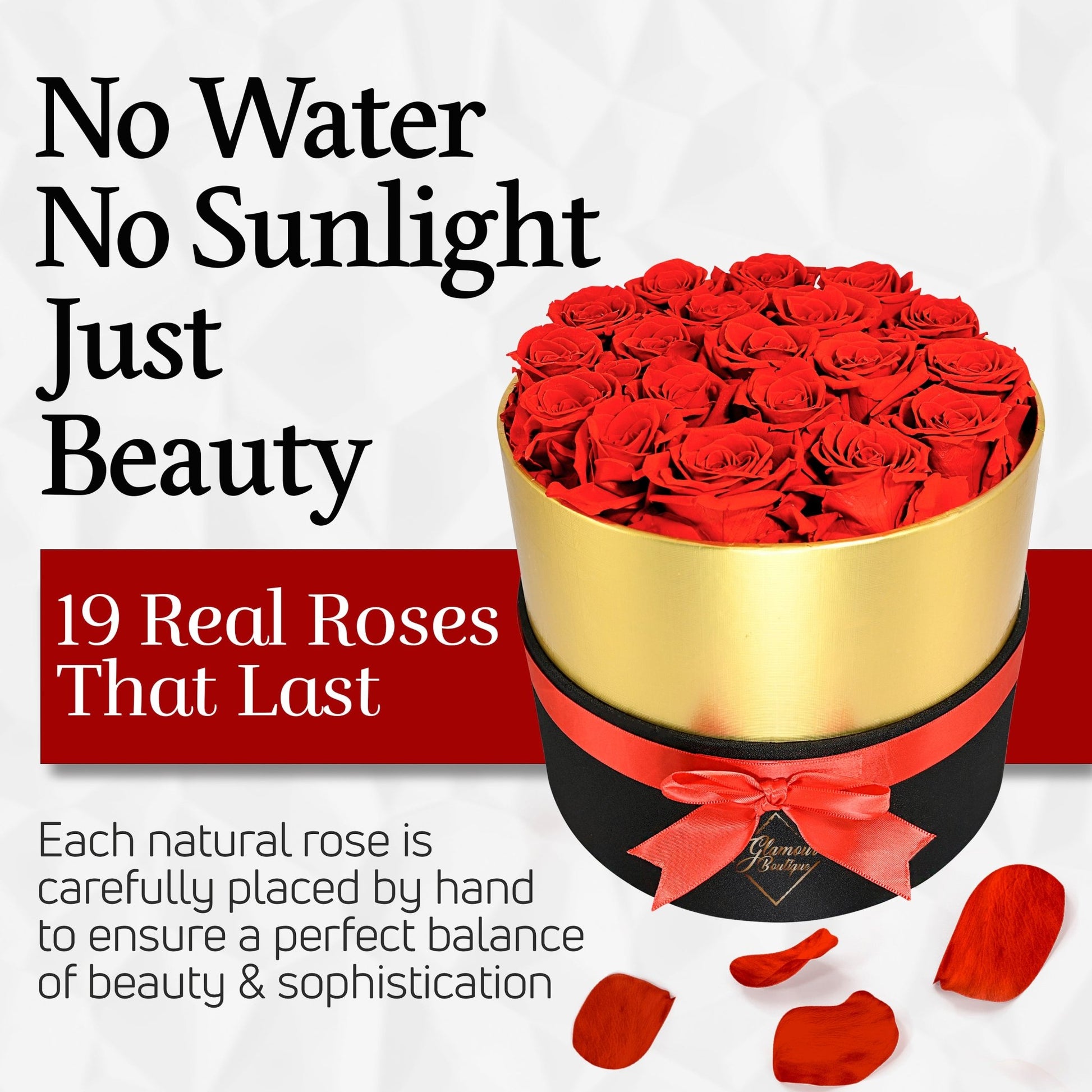 Lasting Beauty Round Black Gold Box |19 Red Roses - Glamour Boutique