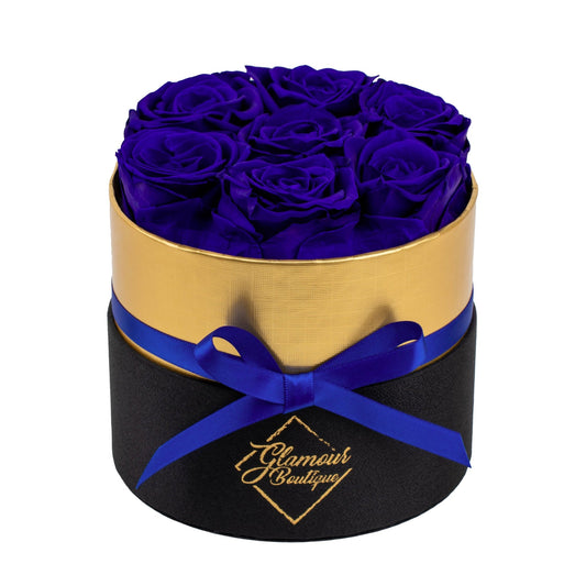 Lasting Beauty Round Black Gold Box |7 Purple Roses - Glamour Boutique