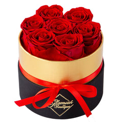 Lasting Beauty Round Black Gold Box | 7 Red Roses