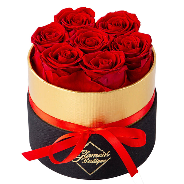 Lasting Beauty Round Black Gold Box |7 Red Roses - Glamour Boutique