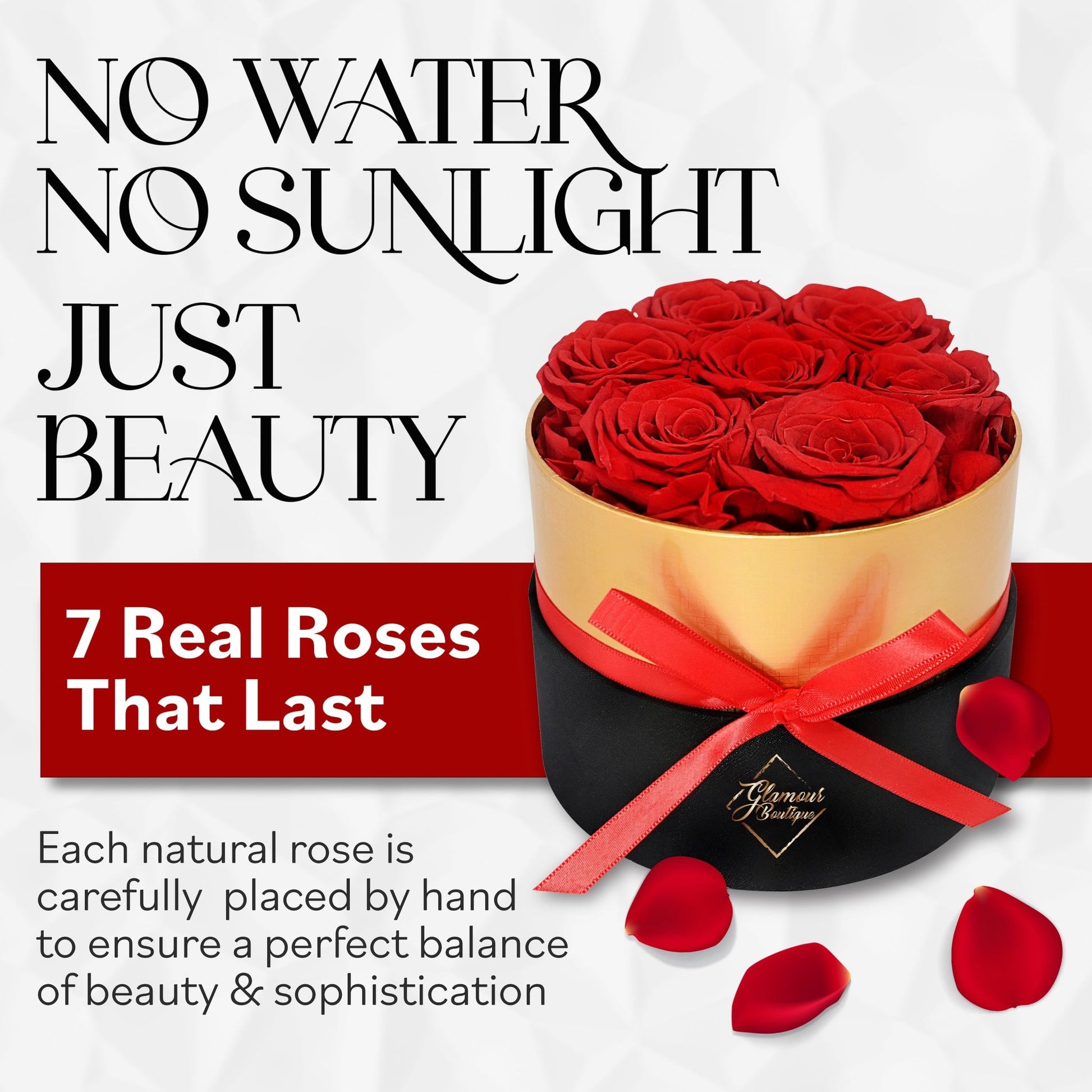 Lasting Beauty Round Black Gold Box |7 Red Roses - Glamour Boutique