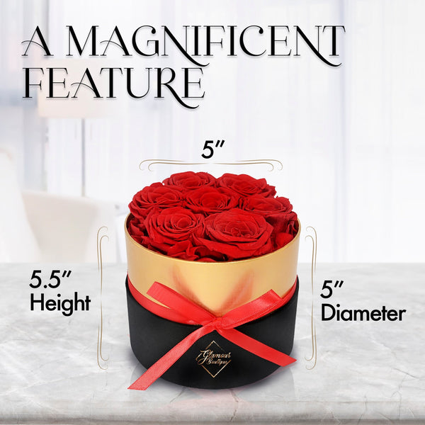 Lasting Beauty Round Black Gold Box |7 Red Roses - Glamour Boutique