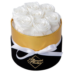 Lasting Beauty Round Black Gold Box | 7 White Roses