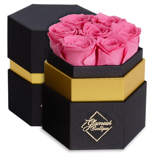 Timeless Charm Hexagon Black Box | 7 Pink Roses - Glamour Boutique