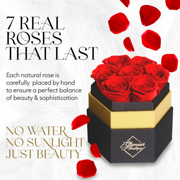 Timeless Charm  Hexagon Black Box | 7 Red Roses