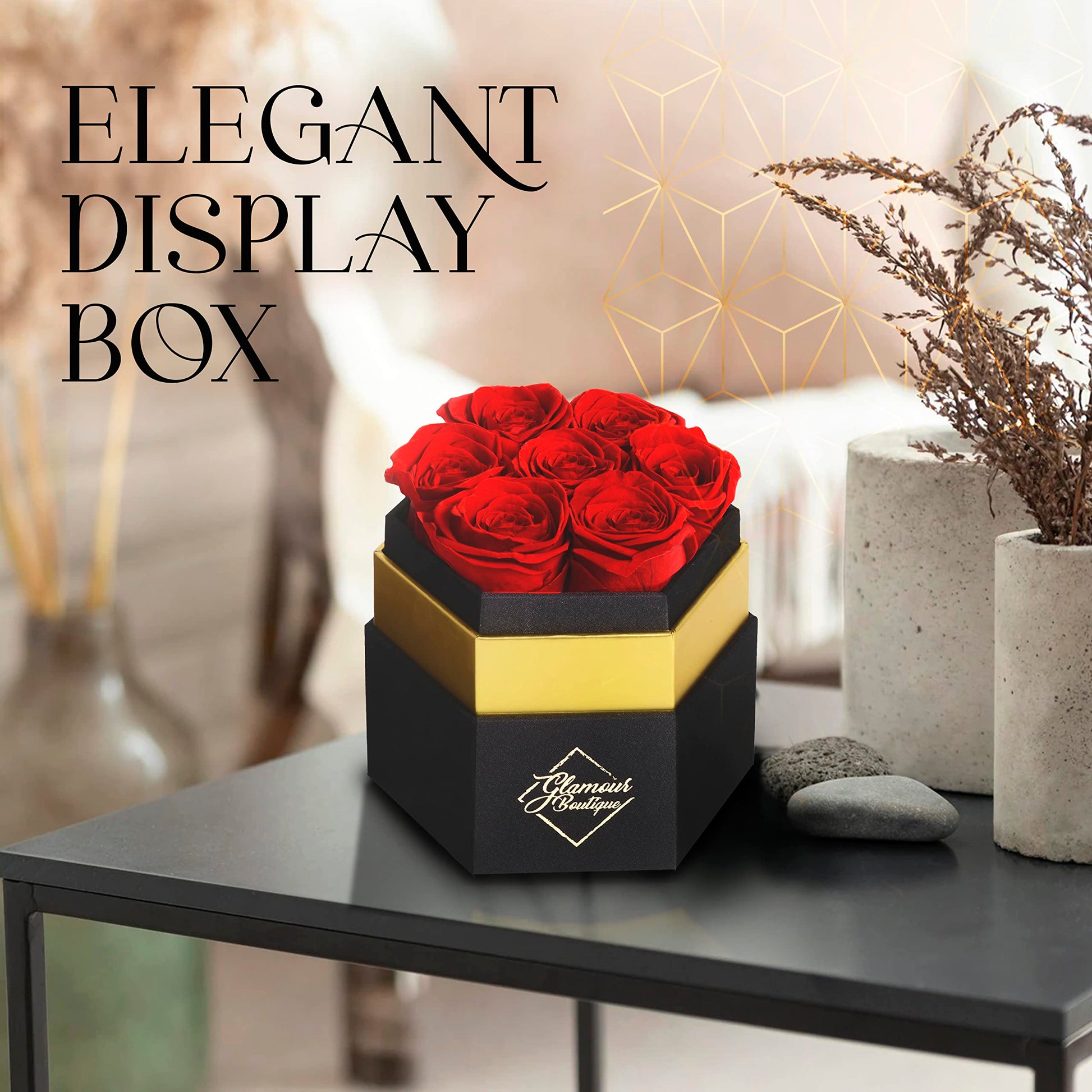 Timeless Charm  Hexagon Black Box | 7 Red Roses